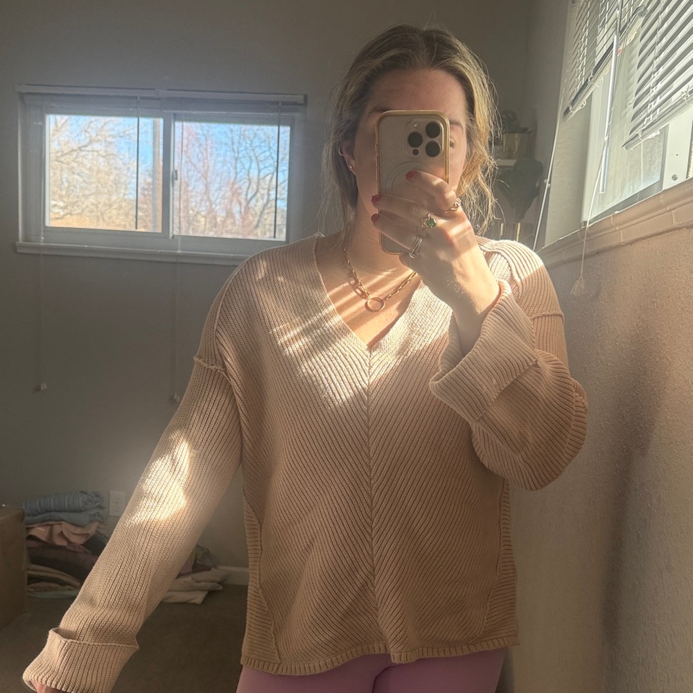 Free People Blush Pink V-Neck Ribbed Knit Sweater